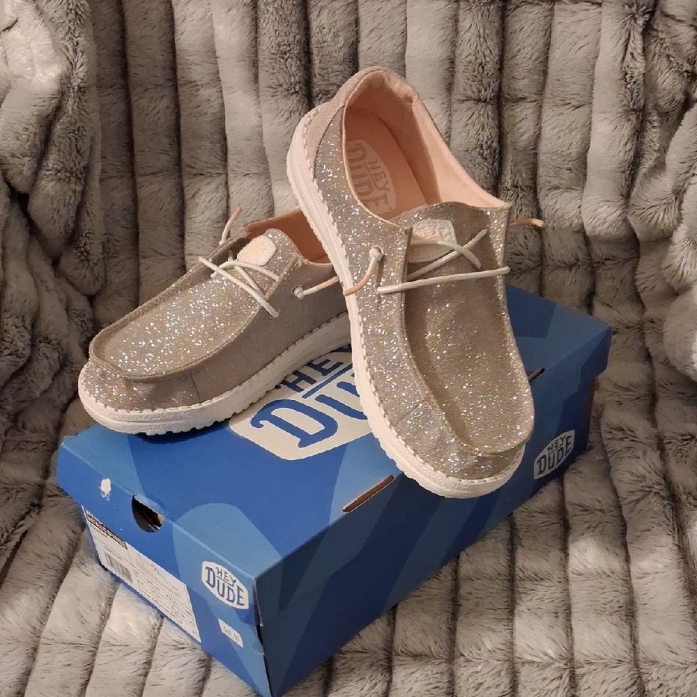 Hey Dude Women's Glitter Shoes - Silver and White